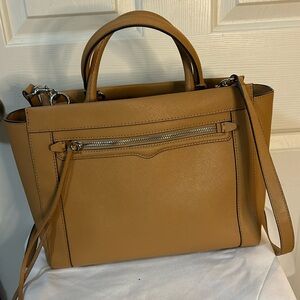 Rebecca Minkoff leather tote bag shoulder strap double handle Tan zip pockets
